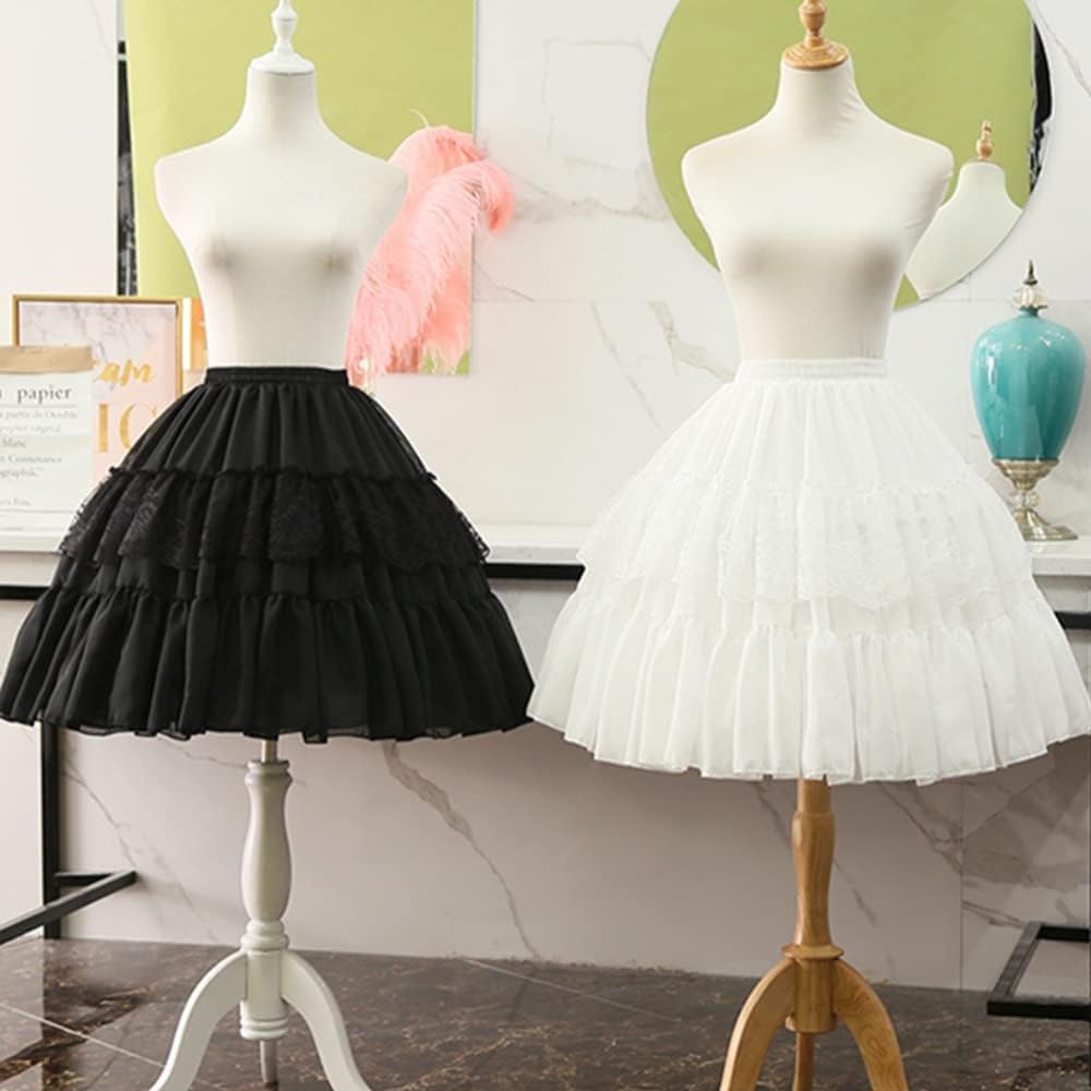 Women Girls Lolita Petticoat Gothic Cosplay Layered Rockabilly 2 Hoops Skirt Lace Crinoline Chiffon Ball Gown Short Slip Underskirt (White) - Image 3