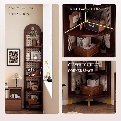 5-Tier Rattan Corner Shelf, Free-Standing Tall Display Rack for Living Room, Bedroom, Office & Balcony – Sturdy Feet, Narrow Design, Space-Saving Storage Solution (Brown)