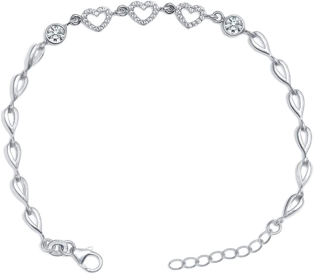 LeCalla 925 Sterling Silver Heart Link Chain Bracelet with Cubic Zirconia Crystals for Women | Silver CZ Open Heart Bracelets Women's Jewelry | Adjustable Pear-Shaped Links Bracelet Gift for Her 7.5 Inches