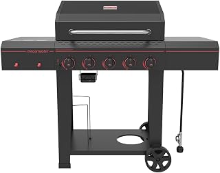 Megamaster 5-Burner Propane Gas Grill, 50,000 BTU, 656 Sq In Cooking Space, Side Tables, Hooks & Wheels - 720-0982