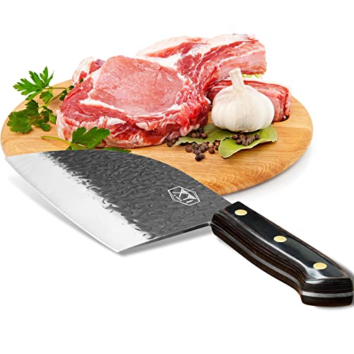 Xyj Full Tang 7-Inch Serbian Butcher Knife Multipurpose Chinese Chef Knives High Carbon Stainless Steel Meat Knives Heavy Duty Blade With Leather Sleeves For Home Outdoor &Camping #TOP1