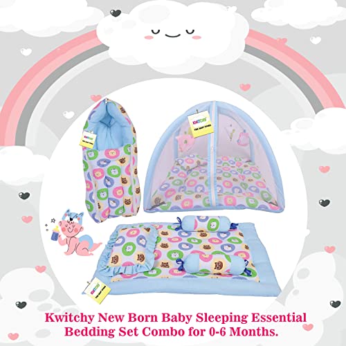 Image of Kwitchy New Born Baby Bedding Combo of Mattress with Net | 4 Pcs Gadda Set (0-6 Months) Blue (3PCS Set)