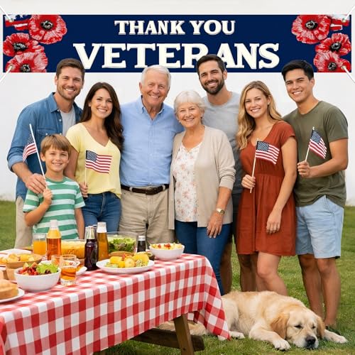 Image of BlissYard Patriotic Banner Thank You Veterans Decorations Banner 118 x 20 inch Independence Day American Flag Outdoor Banner for Yard Fence Porch, Veterans Day Memorial Day Decorations