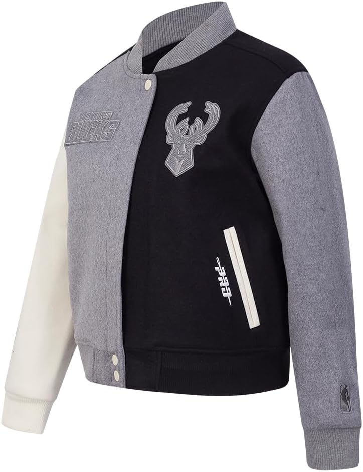 Pro Standard Womens NBA Milwaukee Bucks Reverse French Terry Varsity Jacket Black/Gray/Eggshell Xl
