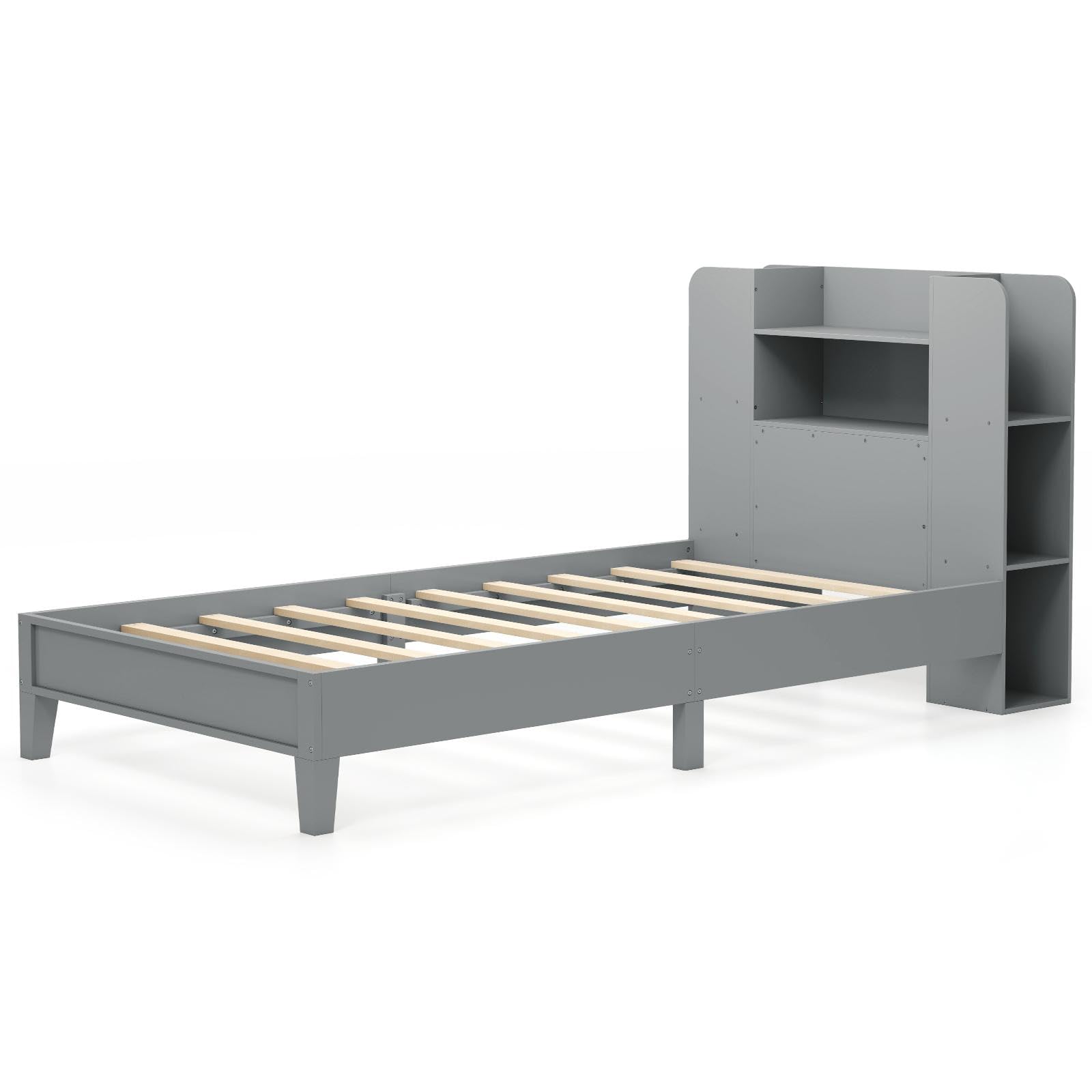 COSTWAY Twin Bed Frames with Storage Headboard, Kids Bed Frame with Plywood Slats Support, No Box Spring Needed (Grey)