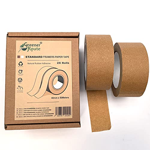 Greener Route 2X 48mm Standard Framers Paper Tape Recyclable | Natural Rubber Self-Adhesive Saturated Paper Tape | 50 Meter Roll - Vegan - Sustainably Sourced (2)