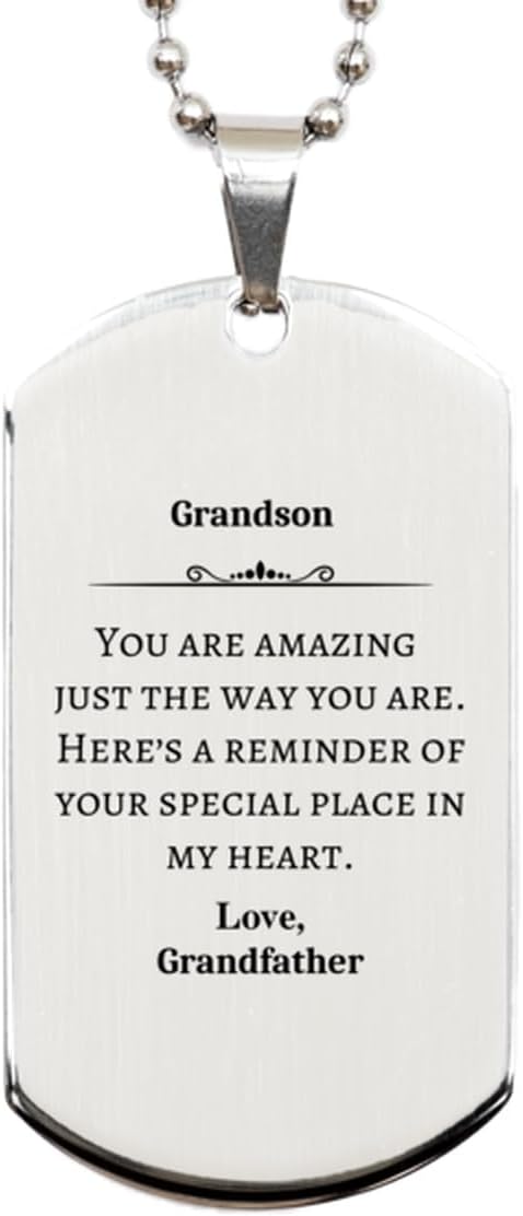 Grandson Engraved Silver Dog Tag - Reminding You of Your Special Place in My Heart - Perfect Idea Gifts for Birthday, Christmas, Graduation - Grandfathers Love and Inspiration