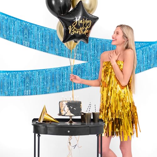 Image of 5 Pack 10 Feet Blue Fringe Garland Foil Fringe Garland Teal Blue Parade Float Fringe Metallic Streamers Tinsel Fringe Banner for Birthday Party Decor Halloween Christmas Decoration (Teal Blue)