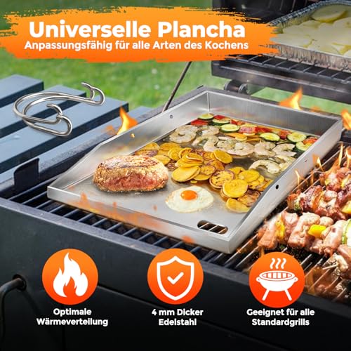 Grillplatte Plancha, 4 mm starker Edelstahlgrill für Gas- und Holzkohlegrills 40 x 30 x 4 cm, mit abnehmbarem Griff, mit 2 Grillspatel-Set,Grillgeschenke für Männer und Frauen 6