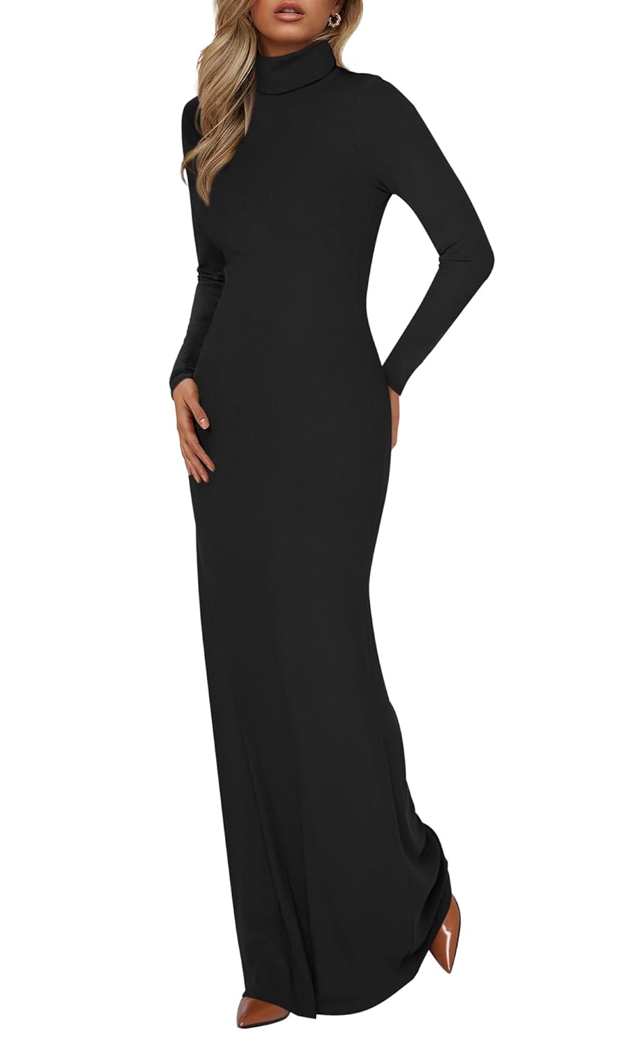 BTFBM Womens Dresses Long Sleeve Turtle Neck Stretchy Knit Long Maxi Semi Formal Party Fall Wedding Guest Dress