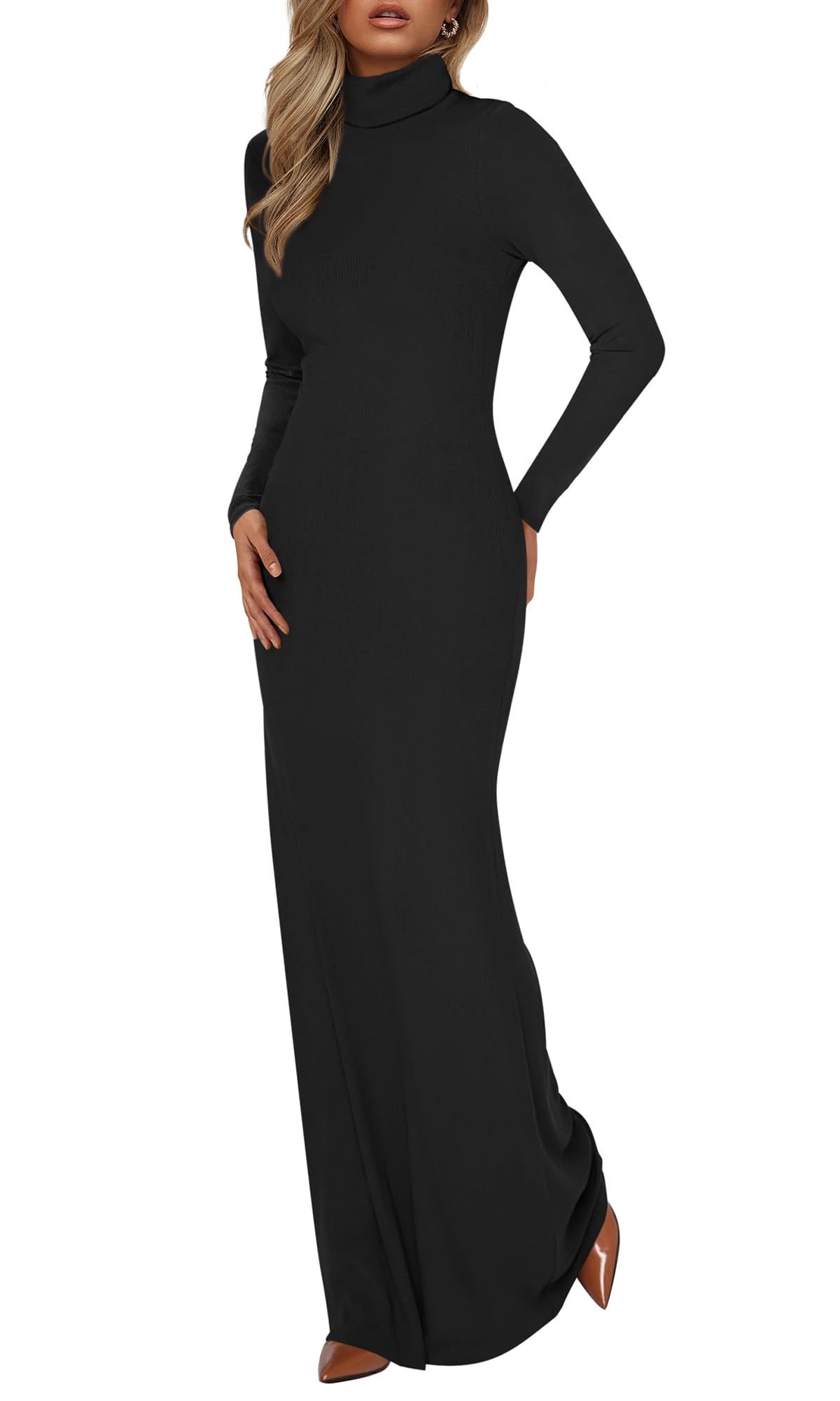 BTFBM Womens Dresses Long Sleeve Turtle Neck Stretchy Knit Long Maxi Semi Formal Party Fall Wedding Guest Dress