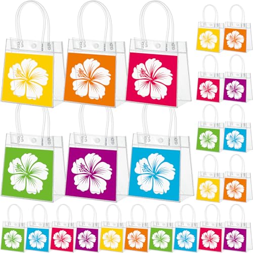 Aliceset 24 Pcs Clear Gift Bags with Handle, Hibiscus Party Favor Bulk