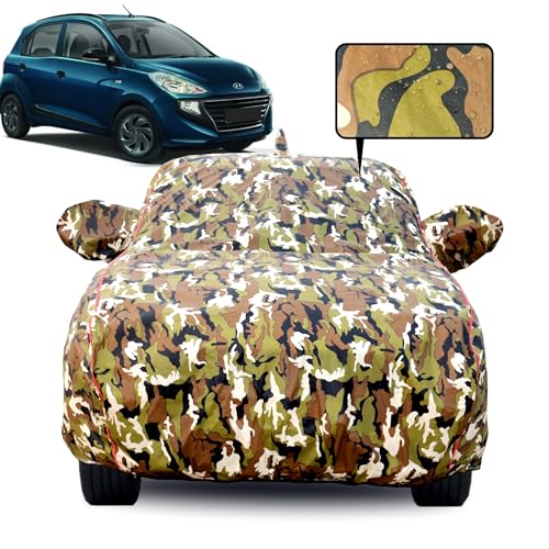 Image of Waterproof Car Body Cover for Hyundai Santro (2008-2017) with Mirror Pocket, Soft Cotton Lining, Triple Stitched, Full Bottom Elastic (Heat Resistant Jungle Print with Red Piping), 1 Unit