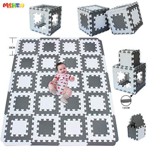 MSHEN Alfombra de Juegos Espuma EVA con Bordes: 58 Piezas; Puzle para Niños | Puzle de Suelo de Goma en Espuma,blanco-gris-ALg20S18