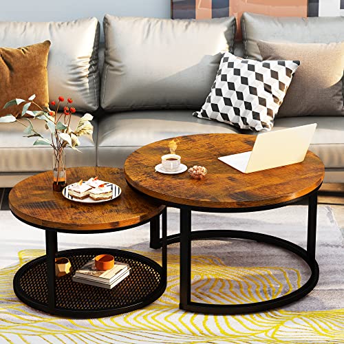 Lamerge Coffee Table Set Of 2, Nesting Coffee Table For Living Room, Round Coffee Table, Coffee Table For Living Room, Small Coffee Table Table, Rustic Brown, 29" #TOP3