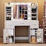 EasyCom Vanity Desk with Rotating Jewelry Organizers, Makeup Vanity with Mirror and Lights, Dressing Table with USB-C Charging Station, 3 Drawers and 2 Cabinets for Bedroom, Dressing Room, White