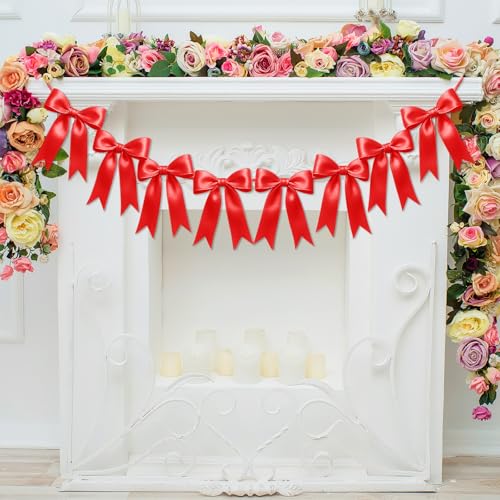 Image of 1 String of 8PCS Red Bow Garland Banner Decoration,Pre-Strung Satin Ribbon Ornaments for Birthday,Bachelorette Party, Bridal Shower,Wedding,Engagement, Baby Shower,Graduation Decor,Valentine's Day
