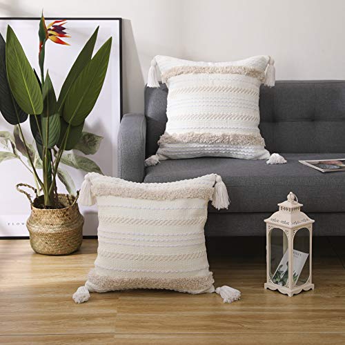 Seeksee Boho Cotton Hand-Woven Throw Pillow Covers, Tufted Decorativethrow Pillow Covers, For Bedroom, Living Room Sofa, Farmhouse Square Fringed Throw Pillow (Cream 2Pc, 18X18 Inch) #TOP5