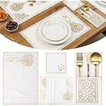 Yungyan Ramadan Table Decor Set of 6, 19 Pcs Islamic Embroidery Linen Placemats with Table Runner, Placemats, Coasters, Cutlery Holders for Eid Mubarak Dinner Home Kitchen Decor Muslim Gift