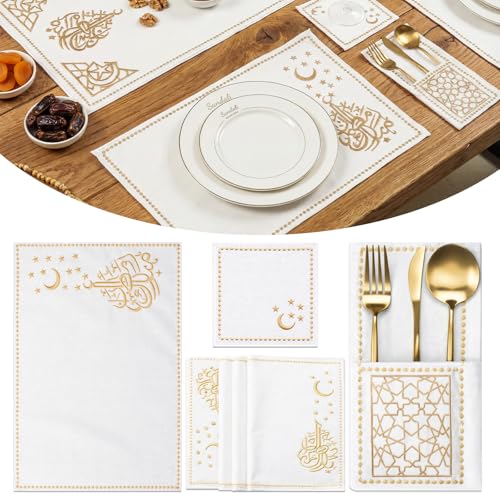 Yungyan Ramadan Table Decor Set of 6, 19 Pcs Islamic Embroidery Linen Placemats with Table Runner, Placemats, Coasters, Cutlery Holders for Eid Mubarak Dinner Home Kitchen Decor Muslim Gift by Yungyan - Used condition - US$11.99