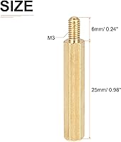 Vista 2 de M3 x 0.984 x 0.236 in (DxHLxML) - Separador hexagonal de latón, paquete de 50 unidades, bueno para máquina electrónica, tuercas de tornillo