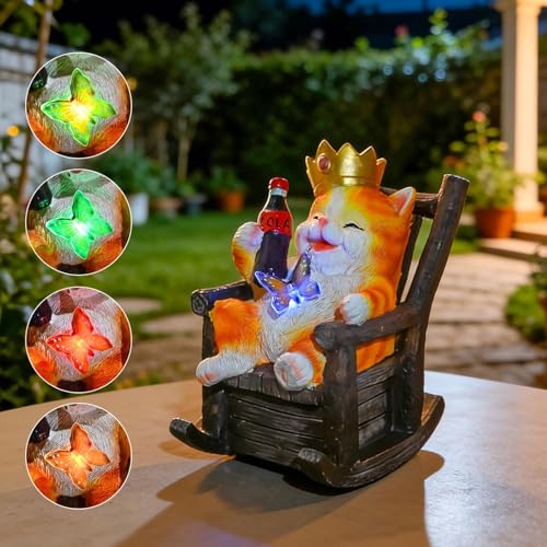 Sculpture en résine chat avec lumières solaires changeantes, finition premium extérieure - 3