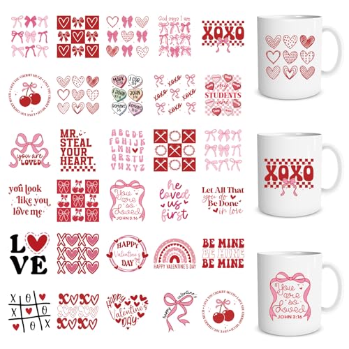 Shejdgart UV DTF Cup Wrap - 30 Pcs Valentines Day Bow UV DTF Stickers for 16 OZ Pink Valentines Red Heart Waterproof UVDTF Transfer Decals for Glasses Cups Mug DIY Crafts