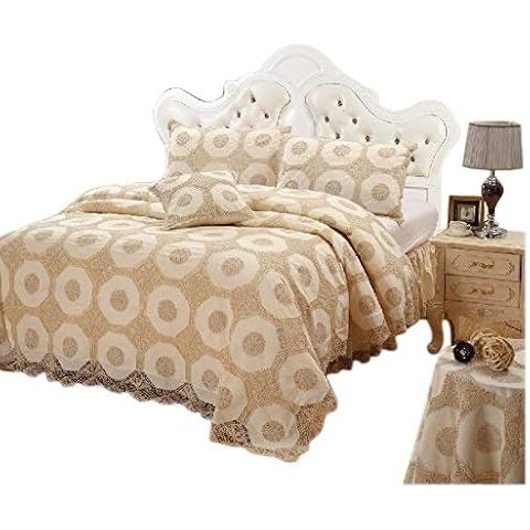 OctoRose 100% Cotton Crocheted Lace Bedspread Bed Blanket Gorgeous Oversize Wedding Bedding Set (108x98 inch) (Bp-3pcscrochet -King, Beige) Cover