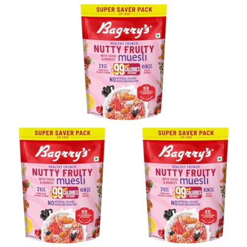 Image of Bagrry's Crunchy Nutty Fruity Muesli with Seeds & Berries 1kg | 78% Fruit, Nuts, Seeds & Multigrains | 99 Calories per serve | Rich in Fibre & Protein | No Artificial Preservatives or Colours | Breakfast Cereal