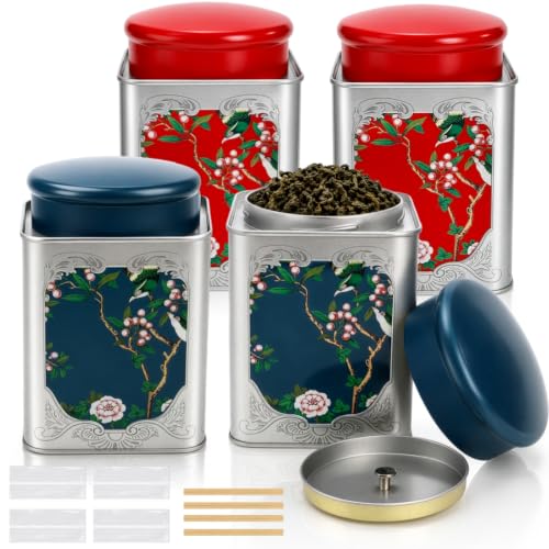 ELFULLY 4 Pack Airtight Tea Tin Canister, 38 OZ Tinplate Empty Loose Tea Box, Chinese Style Jar with Double Lids, Matcha Tin Containers, Vintage Square Coffee Canisters for Candy Nut Spice Kitchen