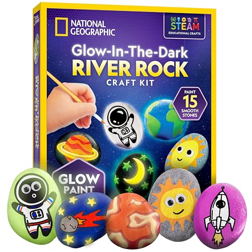 National Geographic Glow in The Dark Rock Painting Kit - Arts & Crafts Kit for Kids, Decorate 15 River Rocks with 15 Paints & Art Supplies, Kids Craft