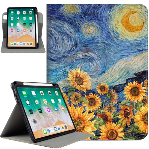 Rotating iPad Air 11-inch Case M3/M2, Case for iPad Air 5th/4th Generation 10.9 Inch,360 Swivel Multi-Angle Adjustable Stand with Pencil Holder for iPad Pro 11-inch case Starry Night Sunflowers