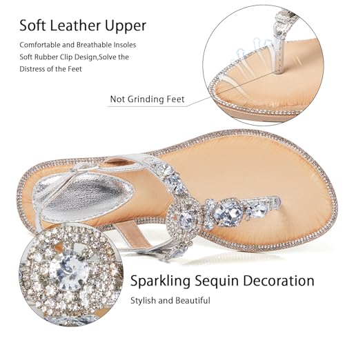 Image of iCKER Womens Rhinestone T‑Strap Flat Sandals Adjustable Ankle Strap Jeweled | for Dress,Vacation,Wedding,Party Evening and Formal Special Occasions