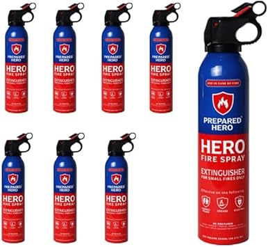 Prepared Hero Fire Spray, Mini Fire Extinguisher for Home & Car, 8 Pack | Non-Toxic Formula With Compact One-Hand Use For Grease, Electrical And Small Open-Flame Emergencies At Home Or Camping