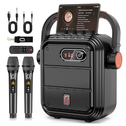 JYX Karaoke Machine with 2 UHF Wireless Microphones,5200mAh Portable Microphone Speaker Set Bluetooth 5.0 Rechargeable PA System with TWS,FM, REC,Stage Subwoofer Supports BT/USB/TF Card/Aux for Party