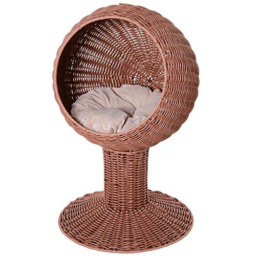 PawHut 27" Hooded Wicker Elevated Cat Bed Rattan Kitten Condo Round with Cushion, Brown