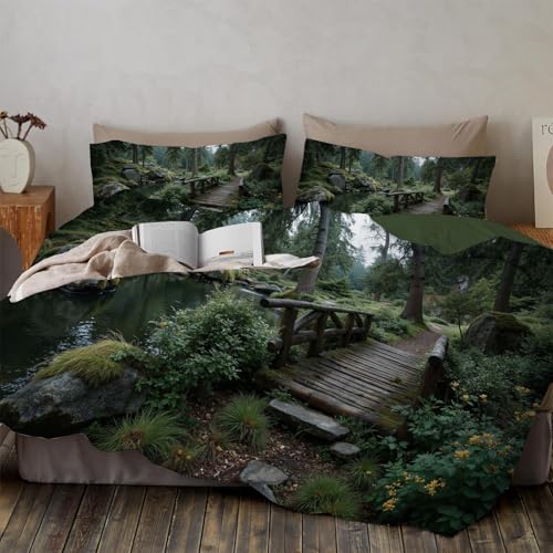 Funda Nordica Cama Bosque Puente De Madera Musgo., Funda Edredon Jungla Misteriosa Microfibra Ropa De Camas Reversible 2 Piezas, Ropa De Cama 135x200cm con Cierre De Cremallera Y Colores Resistentes