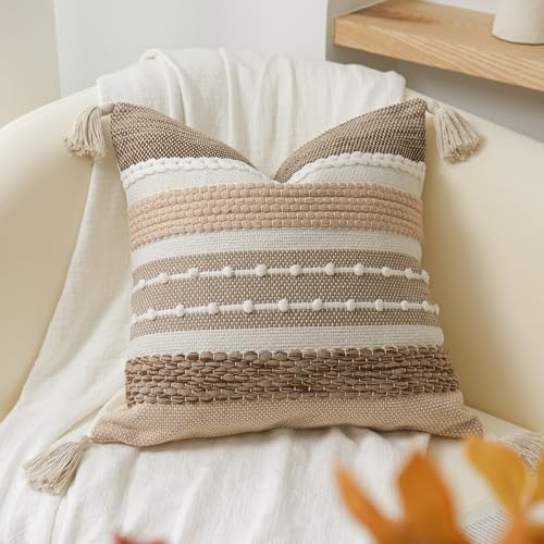 BlissBlush Boho Decorative Throw Pillow Cover 22x22 Square Brown Accent