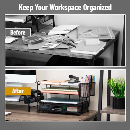 Image of Mind Reader Mesh Desk Organizer, 3 Trays, 1 Drawer, 2 Pen Holders, Office Desktop Organizer, Metal Mesh, Black