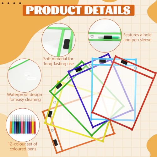 6er Pack Lernbüro Abwischbare Taschen - PET Transparent Dry Erase Pockets mit 6 Farben, Abwischbare Durchsichtige Hüllen, Aufhängelöchern und Vliesstoffkante für Schule und Büro, A4 Größe (21x29.7cm)