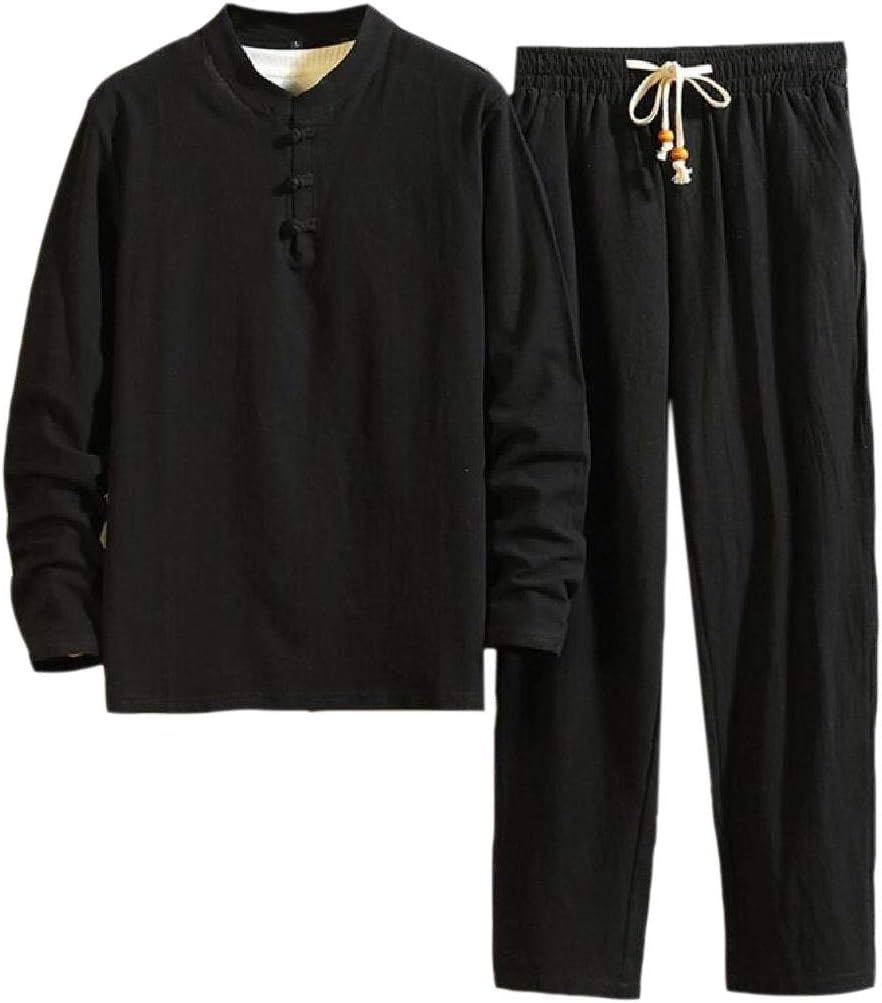 Unko Men Long Sleeve Linen Solid Color Button T-Shirt Pants Tracksuit Set