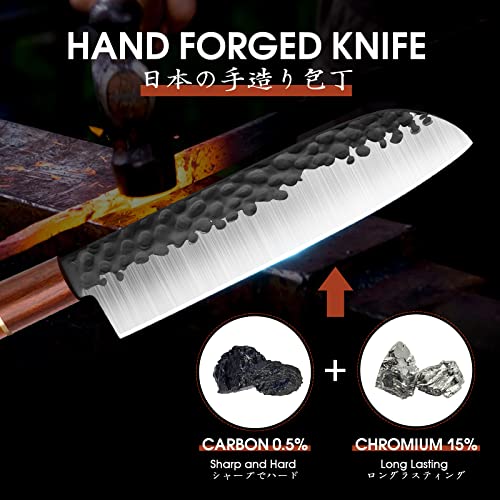 Huusk Japan Knife, 7 Inch Santoku Kitchen Knife, Professional Japanese Chefs Knife Hand Forged High Carbon Steel Sharp Chopping Knife, Ergonomic Rosewood Handle, for Meat, Fish, Gift for Dad - Thumbnail 2