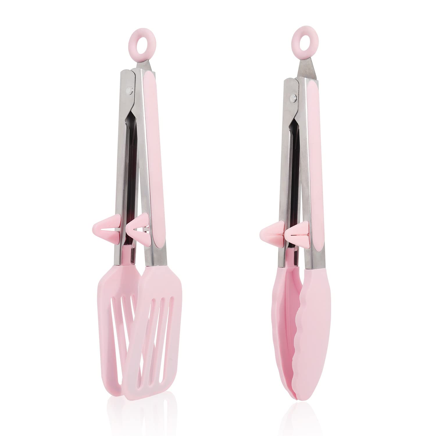 Kitchen Tongs, 9 Inch Silicone Tongs Set of 2 Food Safe Silicone Pink Locking BBQ Cooking Serving Salad Tongs with Stainless Steel Handle