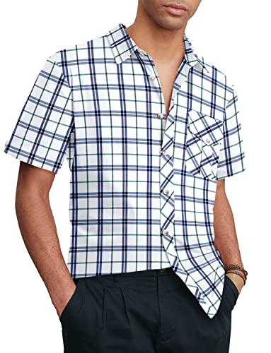 Men Shirts Casual Plaid Button Down Short Sleeve Dress Shirt Banded Collar Summer Cotton Shirt(Green Stripes-White,M) #TOP4