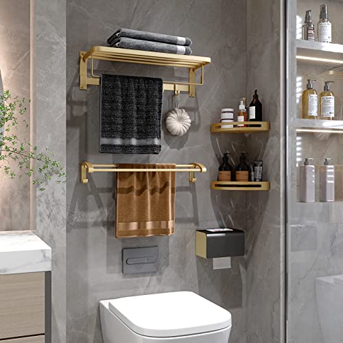 Towel Racks For Bathroom Luxsamg Bathroom Towel Rack With Shelf Aluminum Wall Mount Bath Sheet Towel Holder Double Foldable Towel Bar Hooks No Drill 24 Inch Matte Gold #TOP1