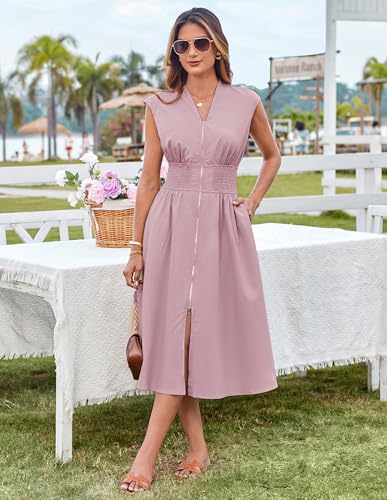 Image of GRACE KARIN Womens Summer Casual Dress, Business Office Work Dresses, Cap Sleeve Zipper Front Flowy Midi Dress with Pockets