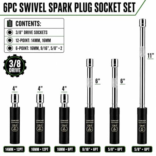 Image of AEROFORCE 6PCS 3 /8 inch Drive Magnetic Swivel Spark Plug Socket Set, Thin Wall | Includes 9 /16 inch, 5 /8 inch, 16MM, 14MM Sockets with Extensions, Magnetic Core, 360 Swivel for Effortless Spark Plug Replacement