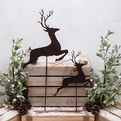 Set of 2 Rustic Rusty Reindeer Metal Art Garden Stakes Christmas Decor Outdoor Ornament