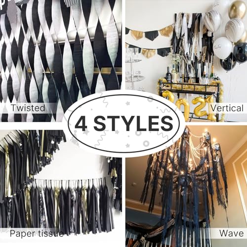 Image of PartyWoo Crepe Paper Streamers 6 Rolls 492ft, Pack of Black Crepe Paper Party Streamers for Birthday, Wedding Decorations (1.8 in x 82 Ft /Roll)
