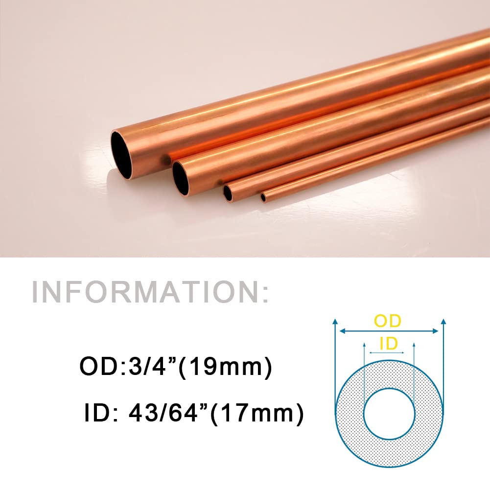 Ququyi Tubo in rame da 3/4" OD × 43/64" ID tubo metallico in rame senza saldatura (300 mm), 2 pezzi